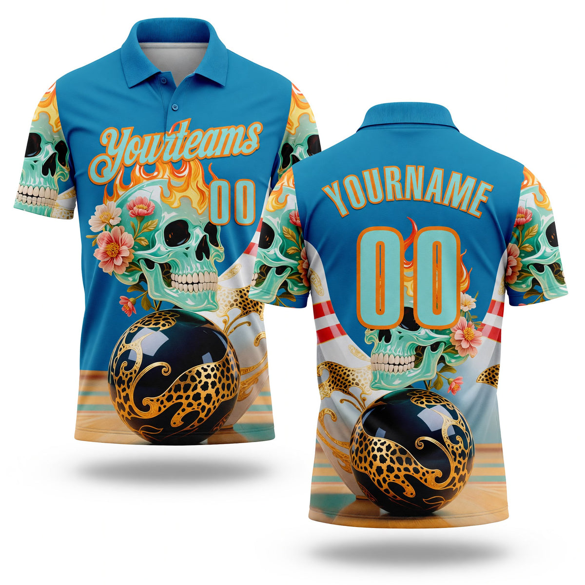 Custom Blue Ice Blue-Bay Orange 3D Floral Leopard Print Flame Skull Bowling Performance Polo Shirt
