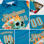 Custom Blue Ice Blue-Bay Orange 3D Floral Leopard Print Flame Skull Bowling Performance Polo Shirt detail