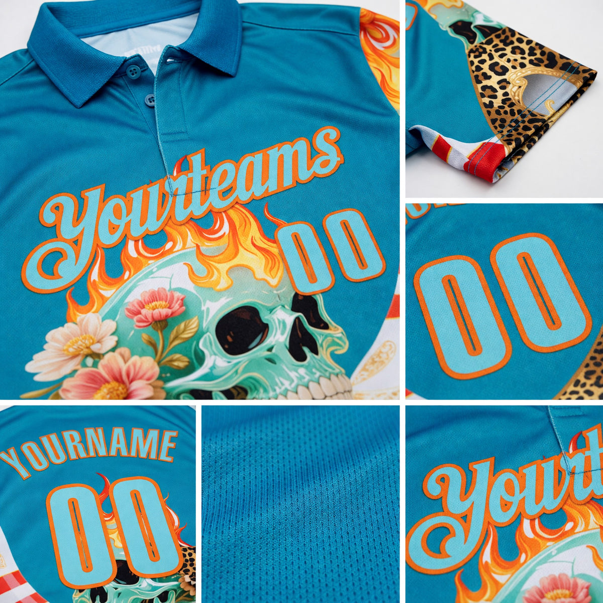 Custom Blue Ice Blue-Bay Orange 3D Floral Leopard Print Flame Skull Bowling Performance Polo Shirt detail