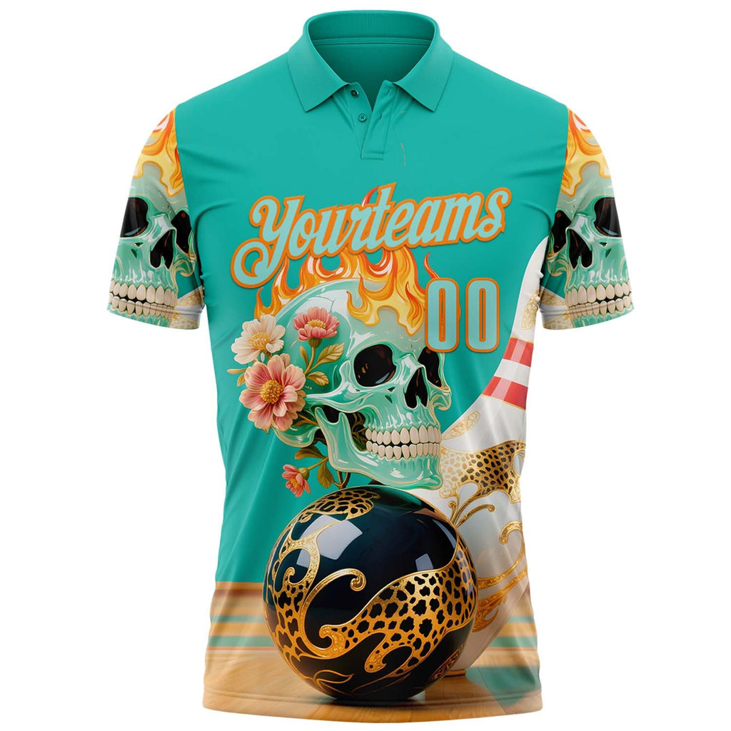 Custom Blue Ice Blue-Bay Orange 3D Floral Leopard Print Flame Skull Bowling Performance Polo Shirt photo 1