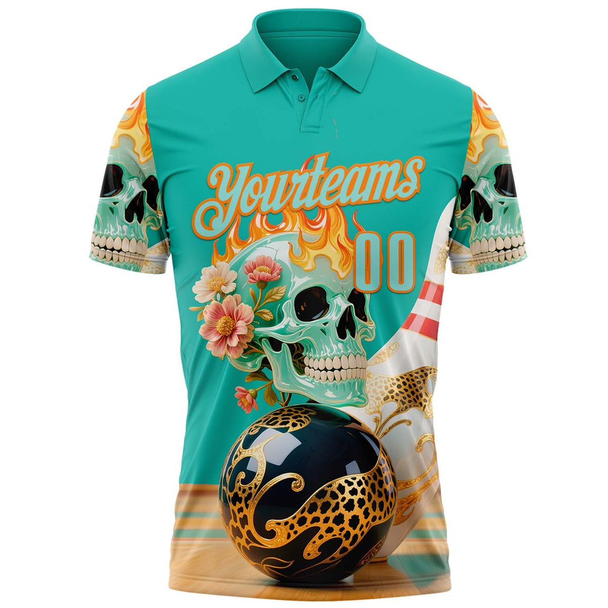 Custom Blue Ice Blue-Bay Orange 3D Floral Leopard Print Flame Skull Bowling Performance Polo Shirt photo 1