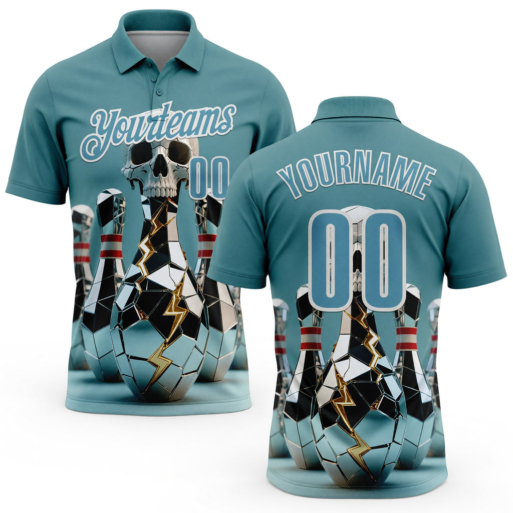 Custom Shadow Blue White 3D Shattered Mirror Skull Bowling Performance Polo Shirt