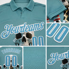 Custom Shadow Blue White 3D Shattered Mirror Skull Bowling Performance Polo Shirt detail