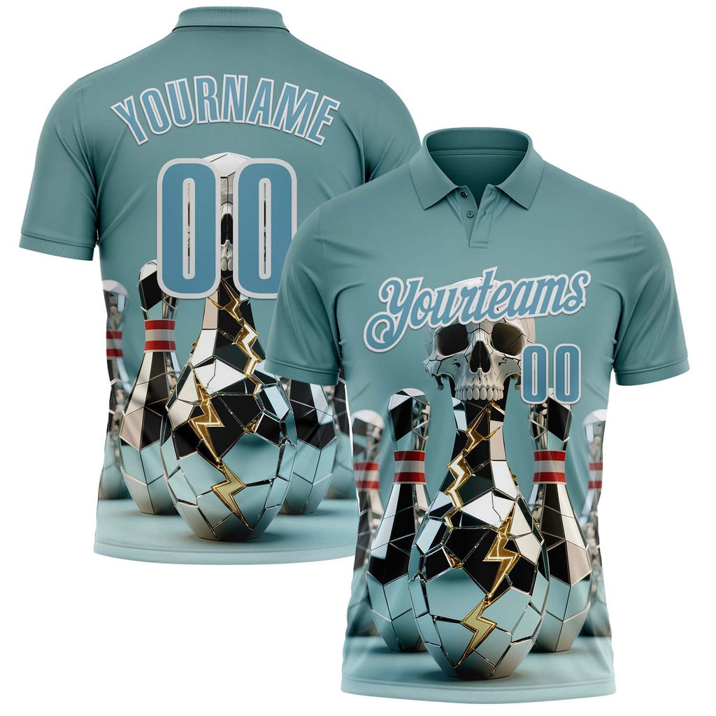 Custom Shadow Blue White 3D Shattered Mirror Skull Bowling Performance Polo Shirt photo 1