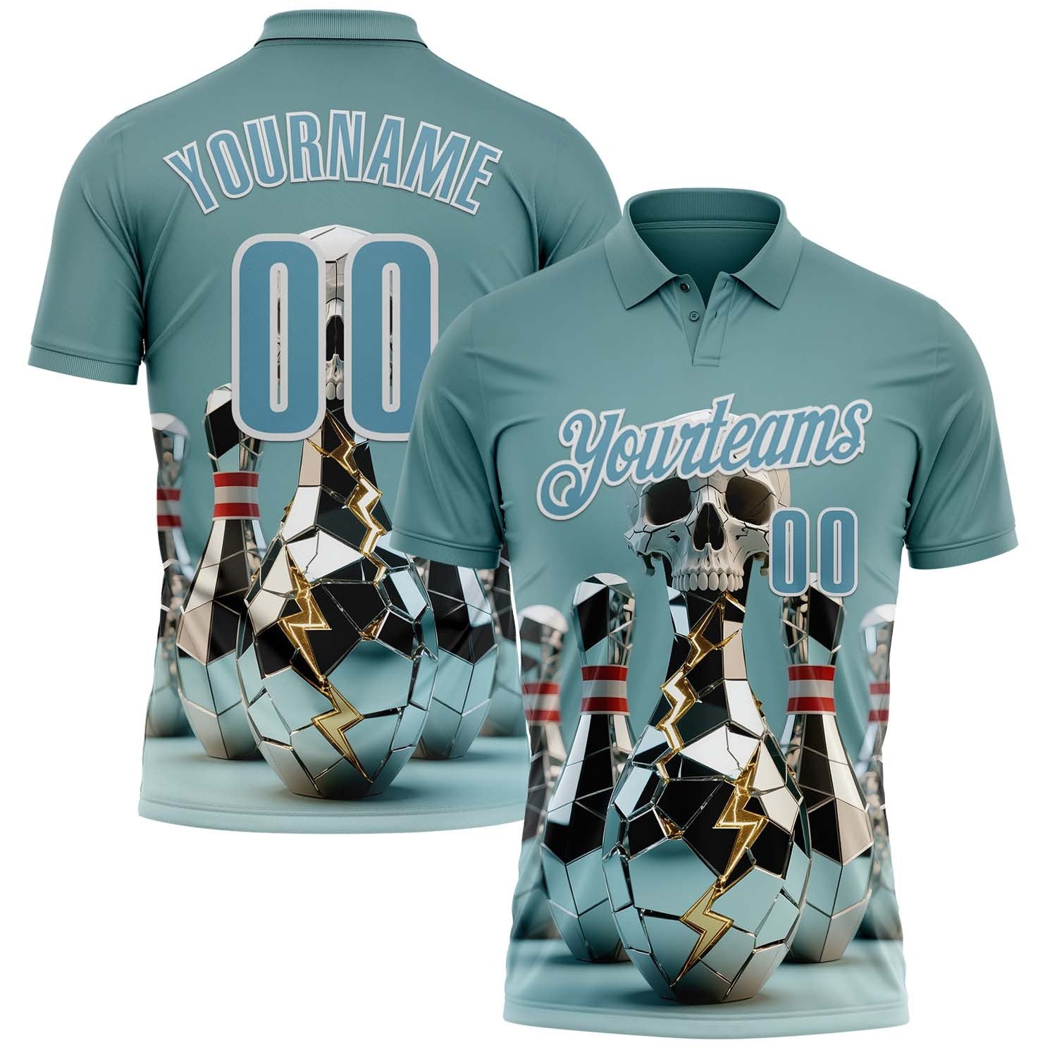 Custom Shadow Blue White 3D Shattered Mirror Skull Bowling Performance Polo Shirt photo 1