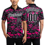 Custom Black Steel Gray Hot Pink-White 3D Pattern Design Splash Performance Polo Shirt worn front and back