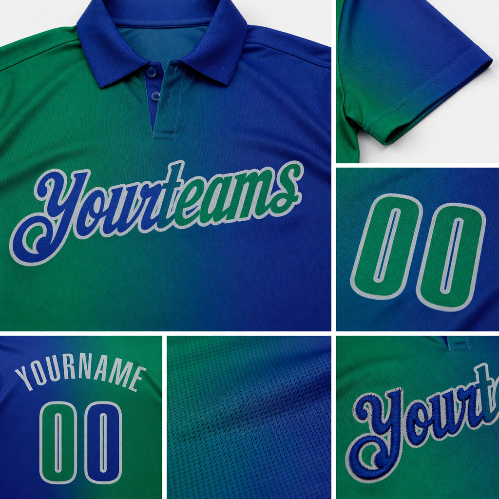 Custom Royal Kelly Green-Gray 3D Gradient Fashion Performance Polo Shirt detail