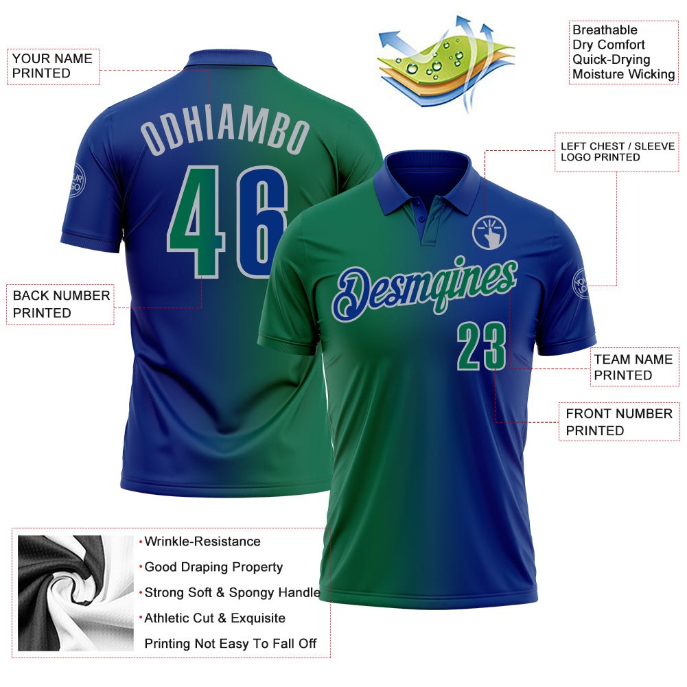 Custom Royal Kelly Green-Gray 3D Gradient Fashion Performance Polo Shirt photo 3