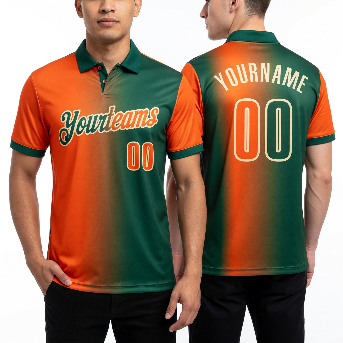 Custom Green Orange-Cream 3D Gradient Fashion Performance Polo Shirt worn front and back