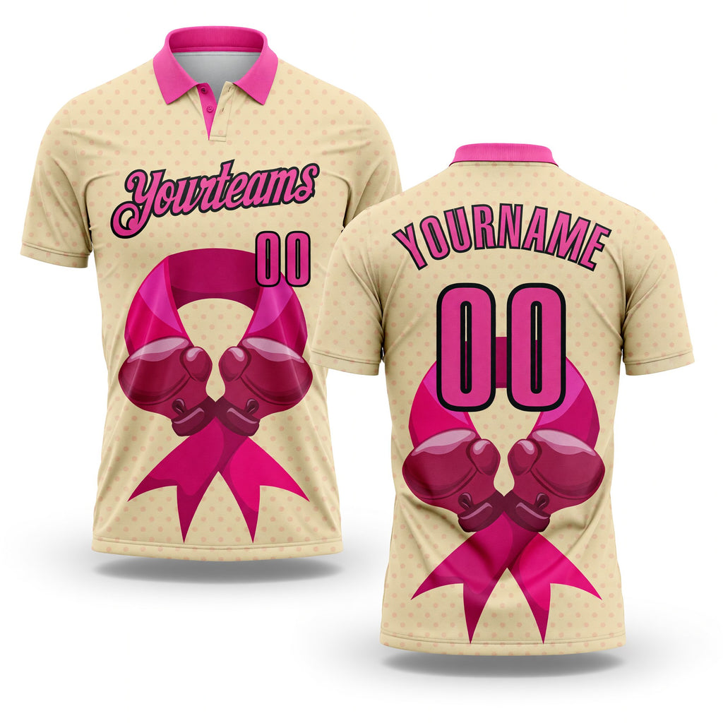Custom Cream Pink-Black 3D Pink Ribbon Breast Cancer Awareness Fighter Boxing Gloves Performance Polo Shirt