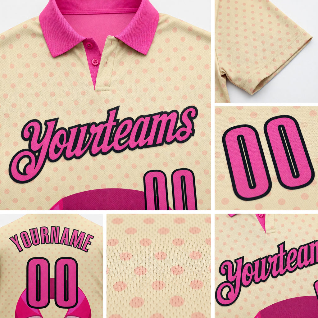 Custom Cream Pink-Black 3D Pink Ribbon Breast Cancer Awareness Fighter Boxing Gloves Performance Polo Shirt detail