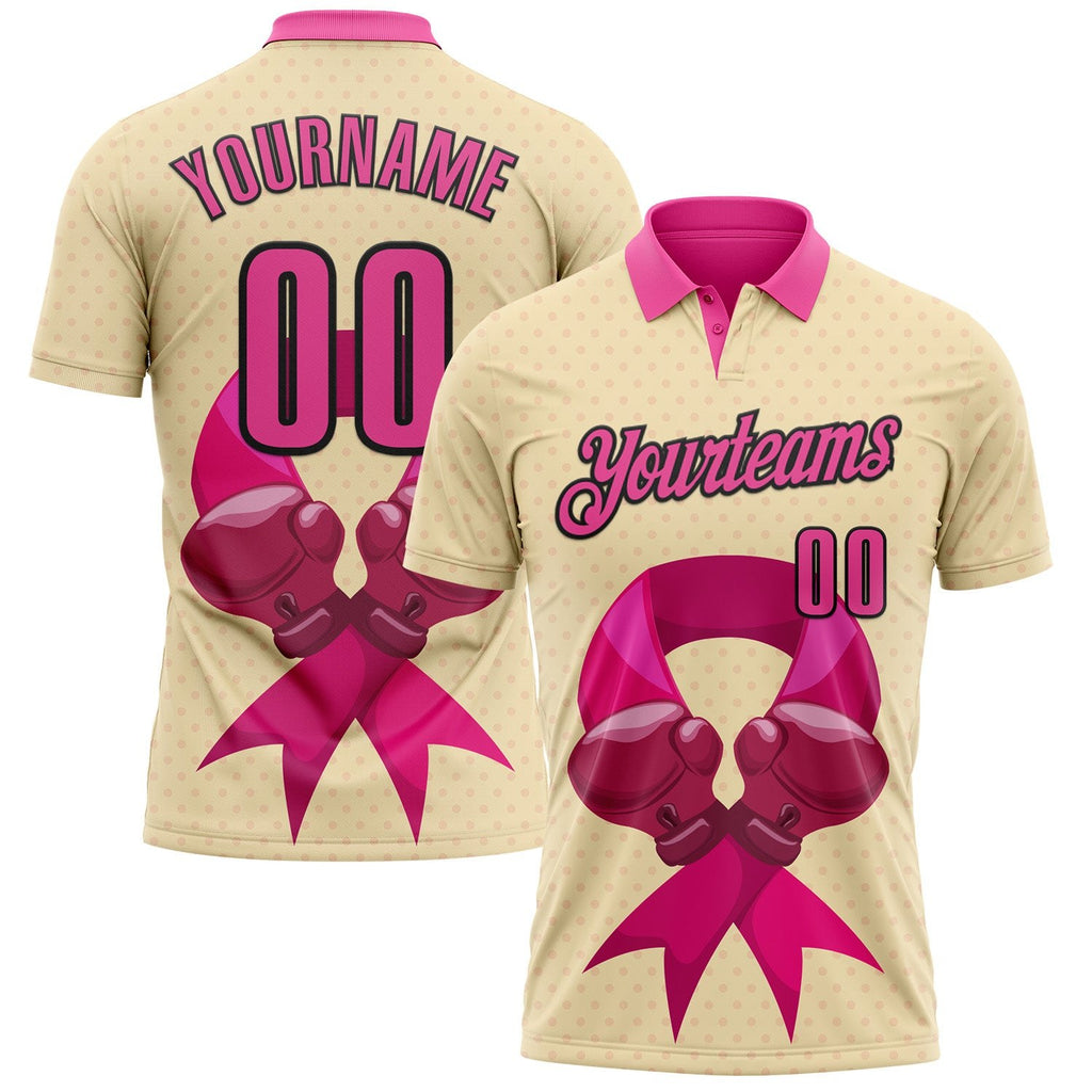 Custom Cream Pink-Black 3D Pink Ribbon Breast Cancer Awareness Fighter Boxing Gloves Performance Polo Shirt photo 1