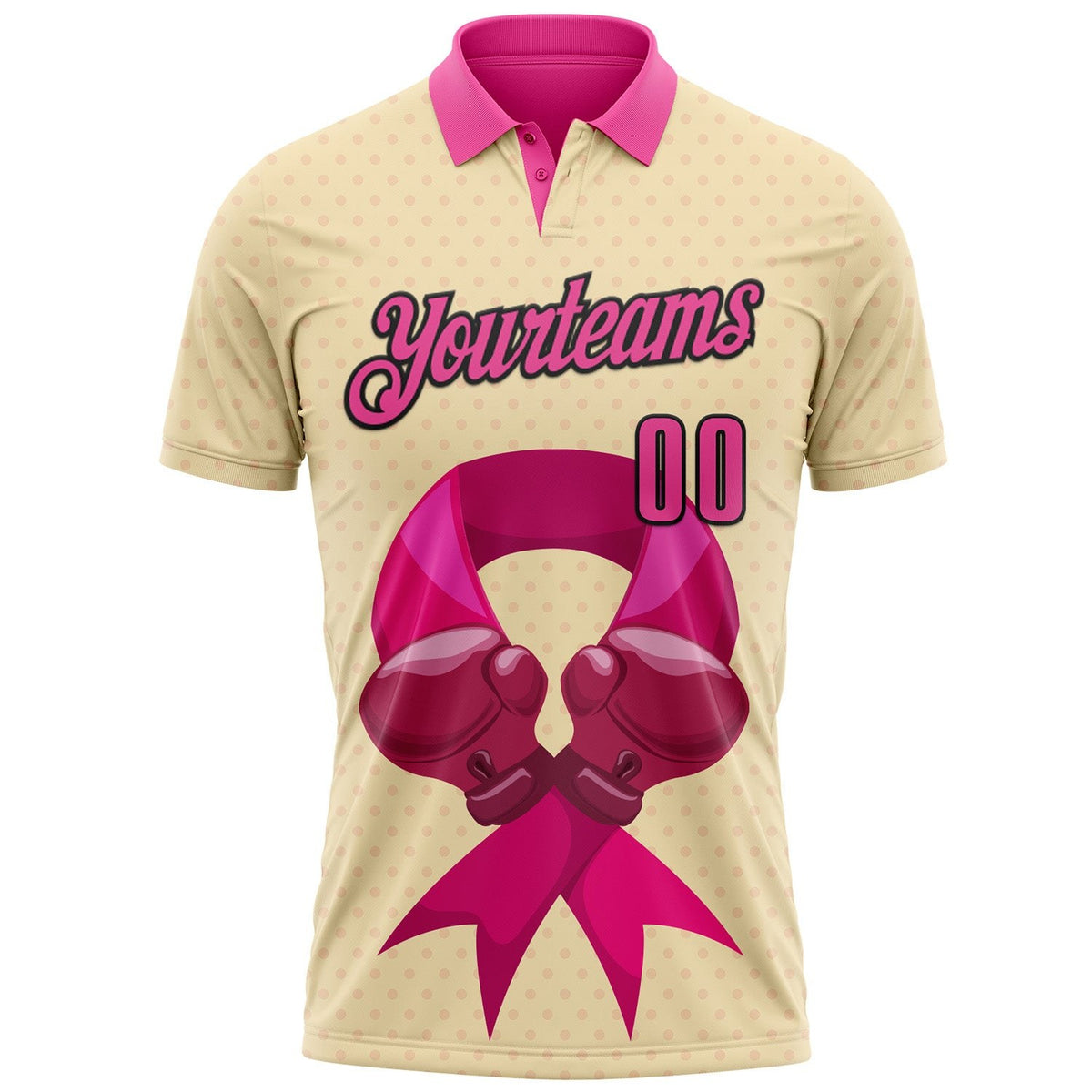Custom Cream Pink-Black 3D Pink Ribbon Breast Cancer Awareness Fighter Boxing Gloves Performance Polo Shirt photo 2