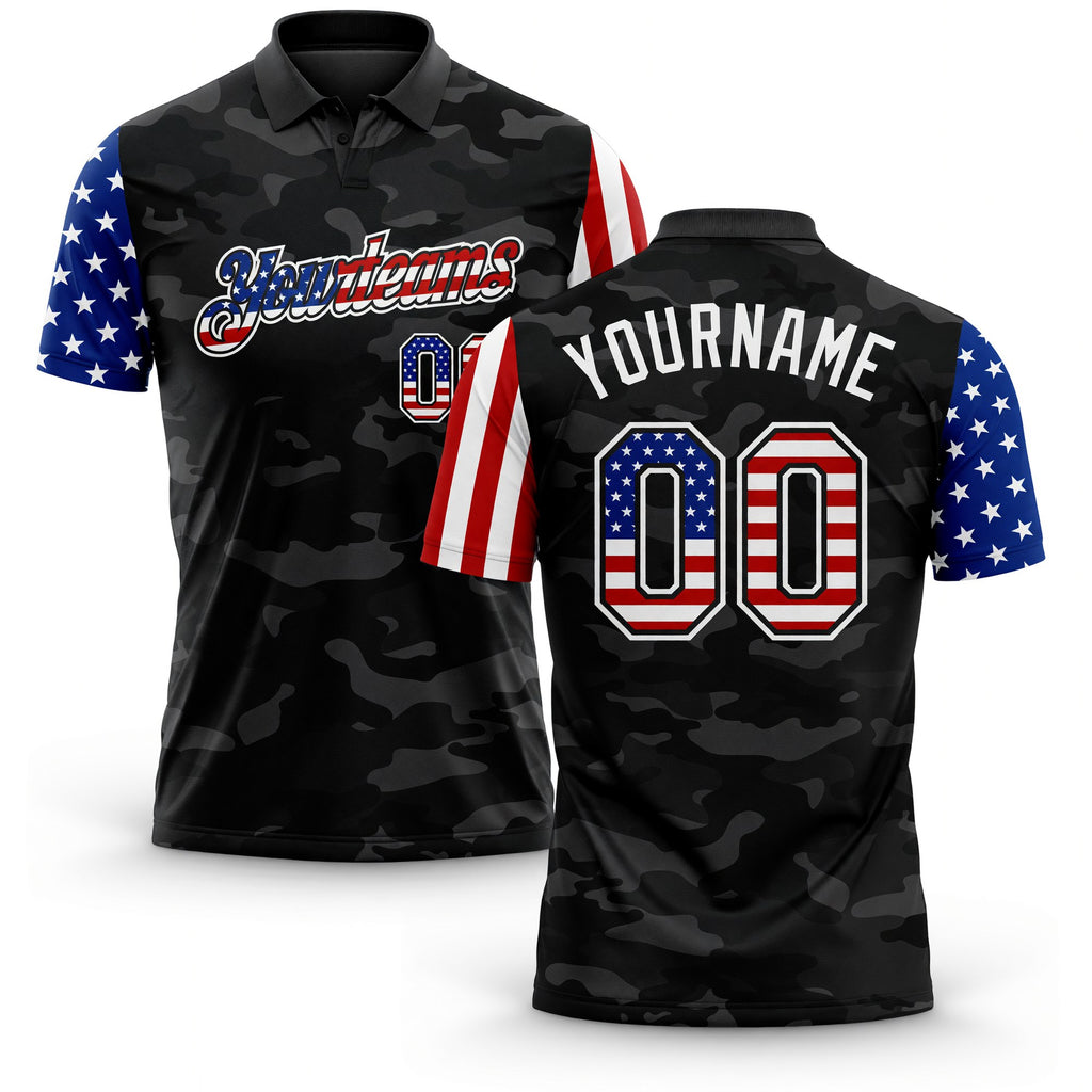 Custom Camo USA Flag Black-White Stars & Stripes Two Tone Salute To Service Patriotic Performance Polo Shirt