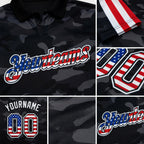 Custom Camo USA Flag Black-White Stars & Stripes Two Tone Salute To Service Patriotic Performance Polo Shirt detail