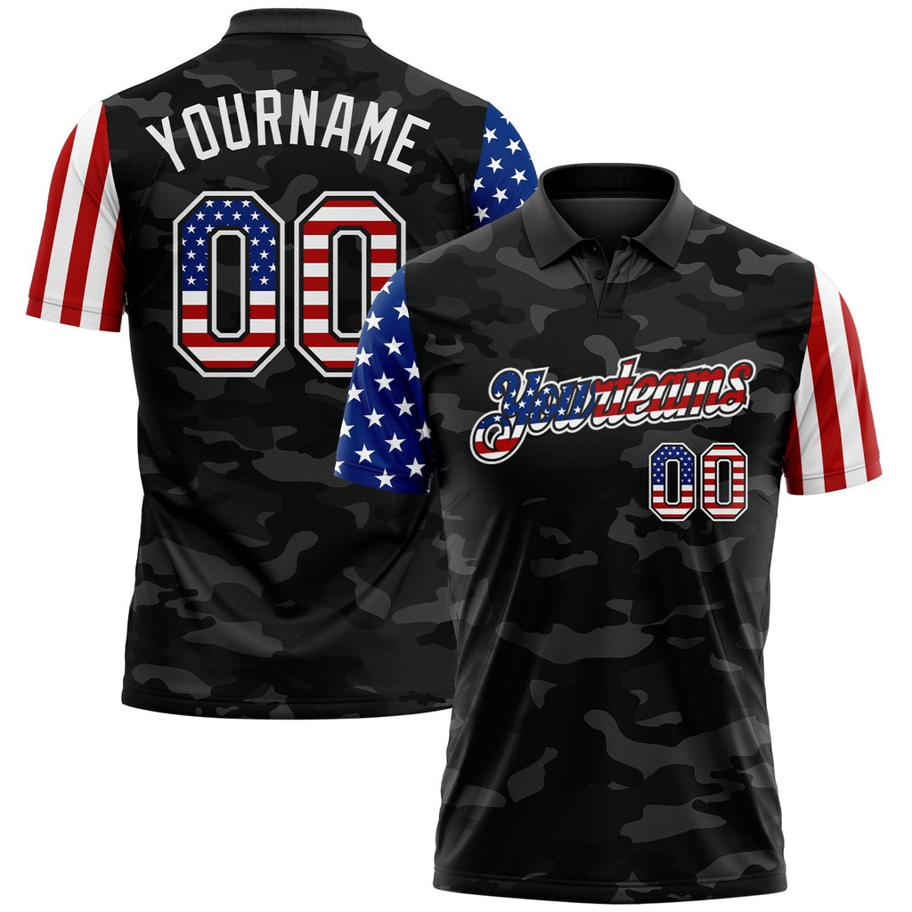 Custom Camo USA Flag Black-White Stars & Stripes Two Tone Salute To Service Patriotic Performance Polo Shirt photo 1