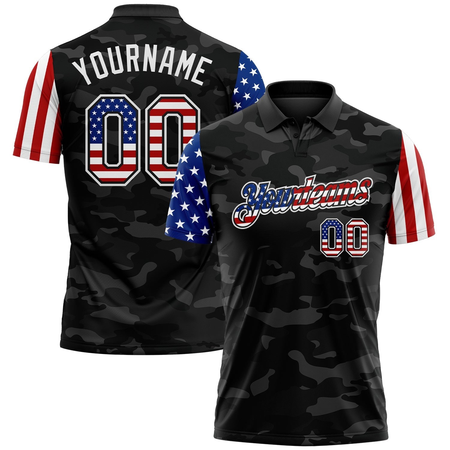 Custom Camo USA Flag Black-White Stars & Stripes Two Tone Salute To Service Patriotic Performance Polo Shirt photo 1