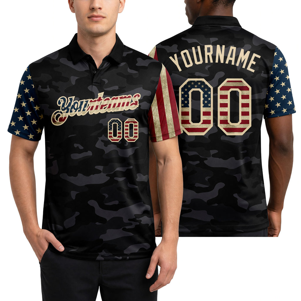Custom Camo Vintage USA Flag Cream-Black Stars & Stripes Two Tone Salute To Service Patriotic Performance Polo Shirt worn front and back