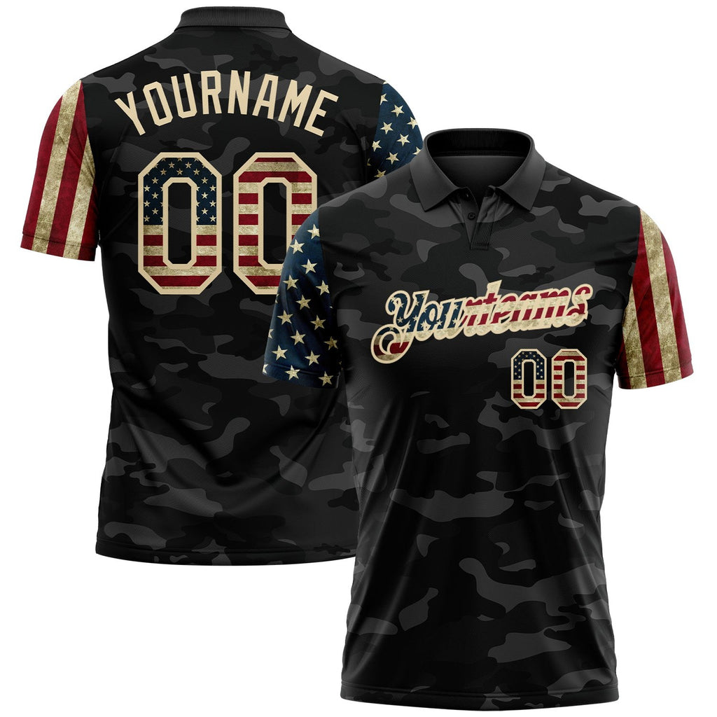 Custom Camo Vintage USA Flag Cream-Black Stars & Stripes Two Tone Salute To Service Patriotic Performance Polo Shirt