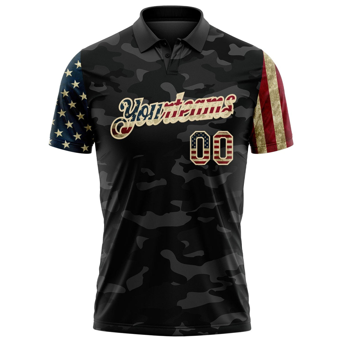 Custom Camo Vintage USA Flag Cream-Black Stars & Stripes Two Tone Salute To Service Patriotic Performance Polo Shirt photo 2