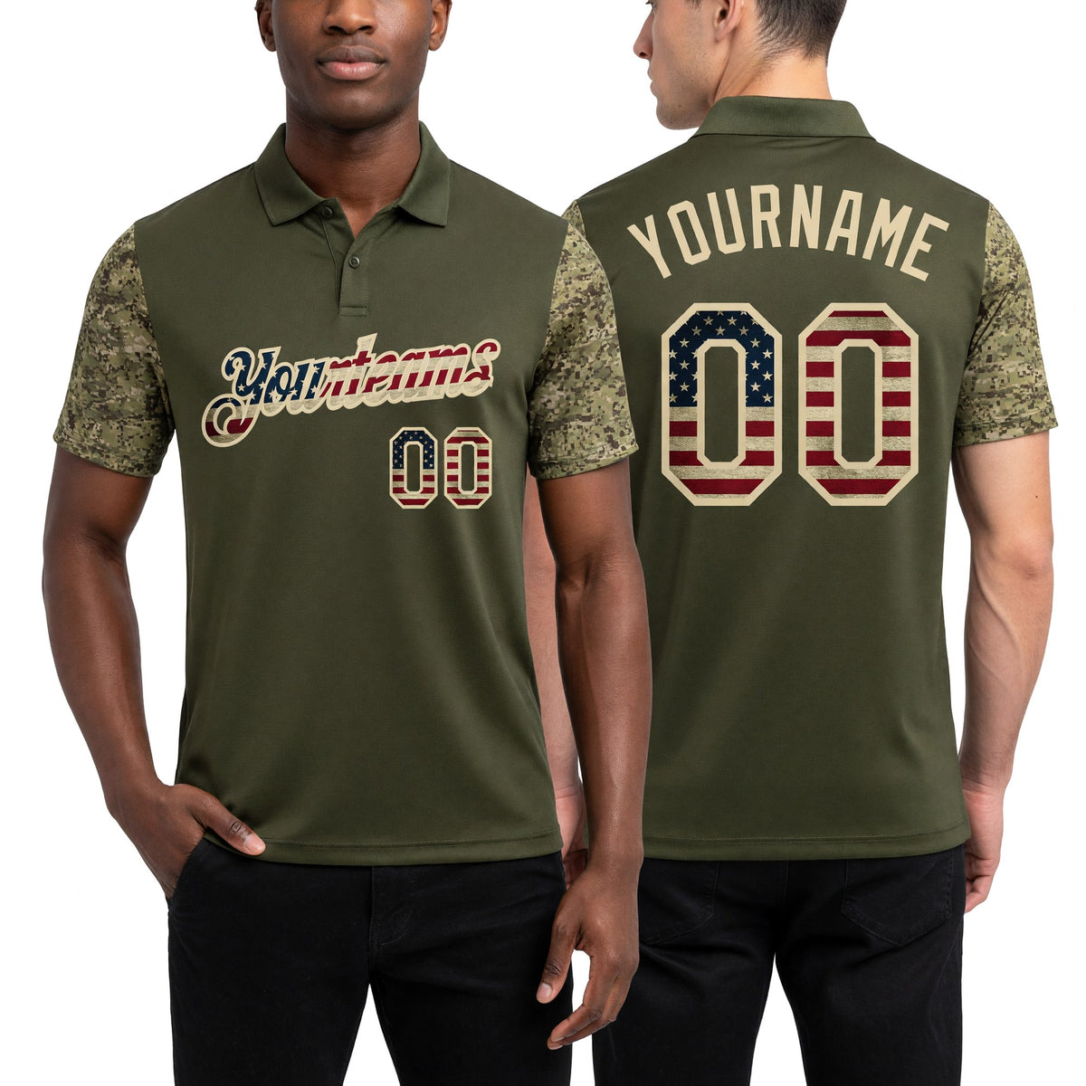 Custom Olive Vintage USA Flag-Cream Digital Camo Two Tone Patriotic Performance Polo Shirt worn front and back