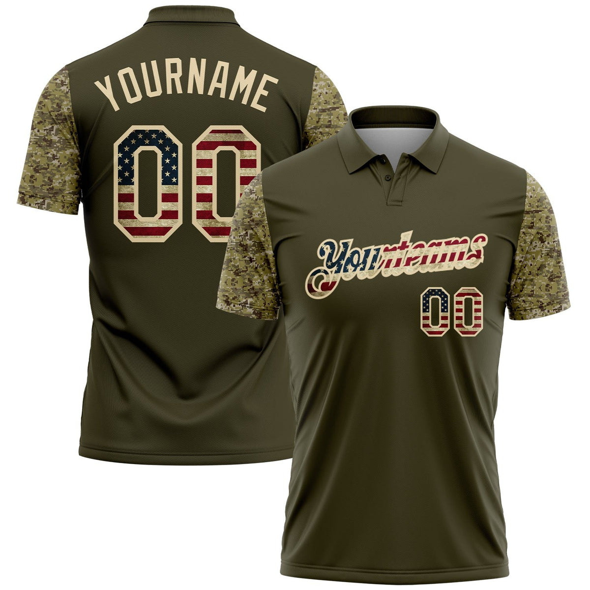 Custom Olive Vintage USA Flag-Cream Digital Camo Two Tone Patriotic Performance Polo Shirt