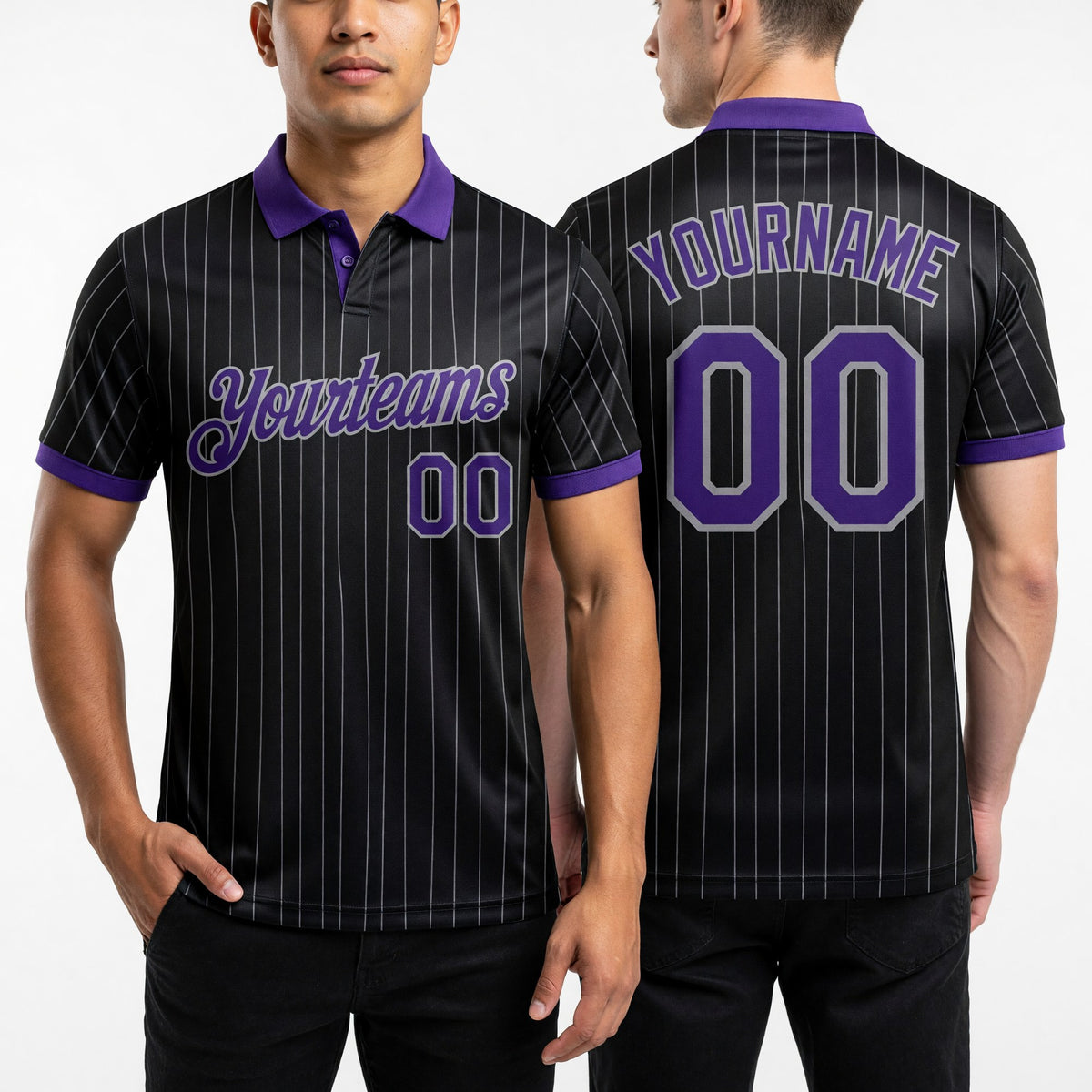 Custom Black Gray Pinstripe-Purple Performance Polo Shirt worn front and back