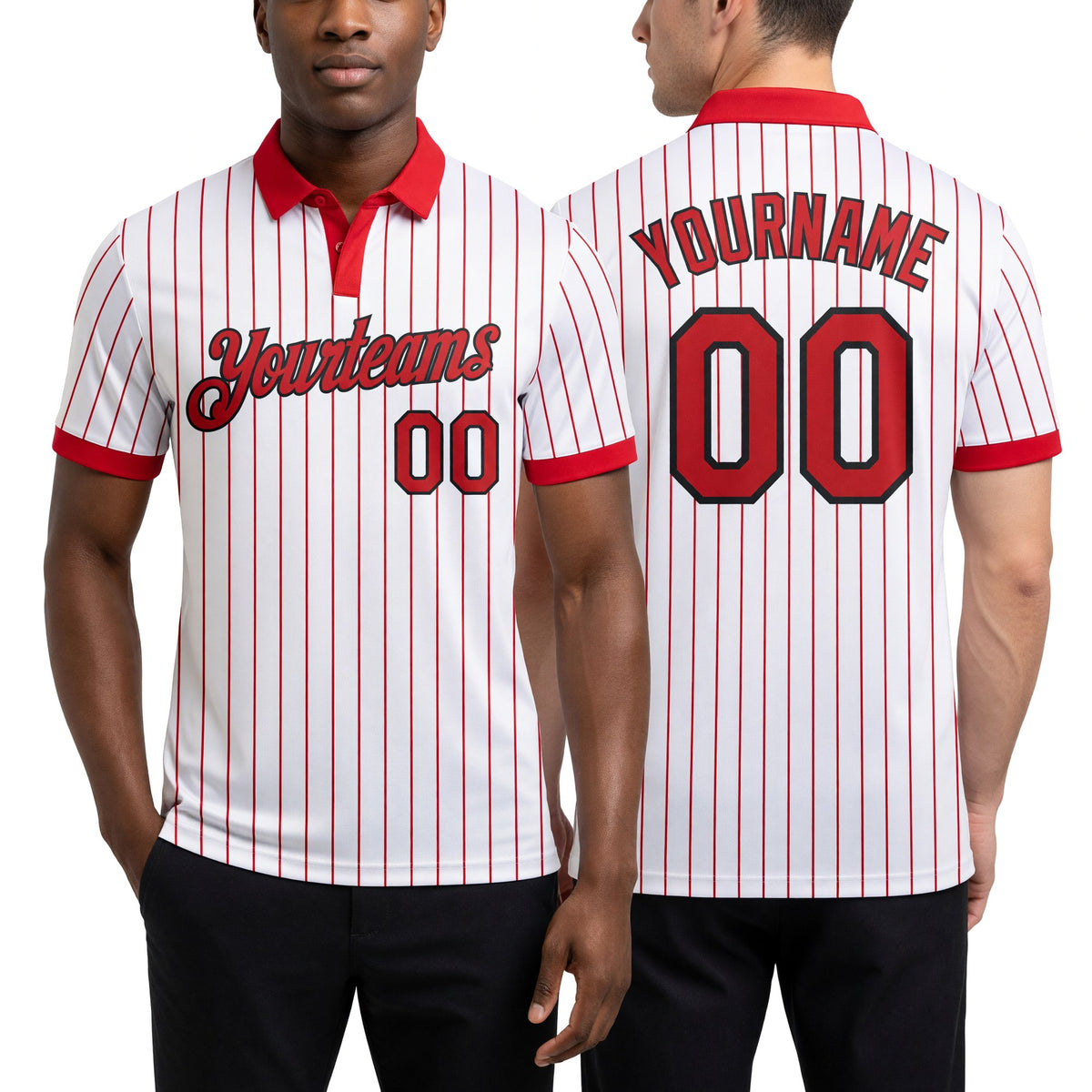 Custom White Red Pinstripe-Black Performance Polo Shirt worn front and back