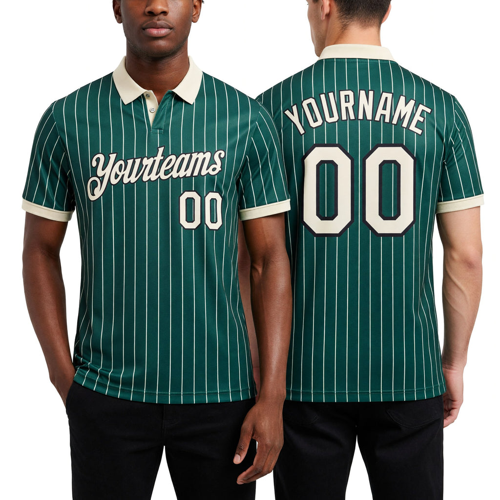 Custom Green White Pinstripe Cream-Black Performance Polo Shirt worn front and back