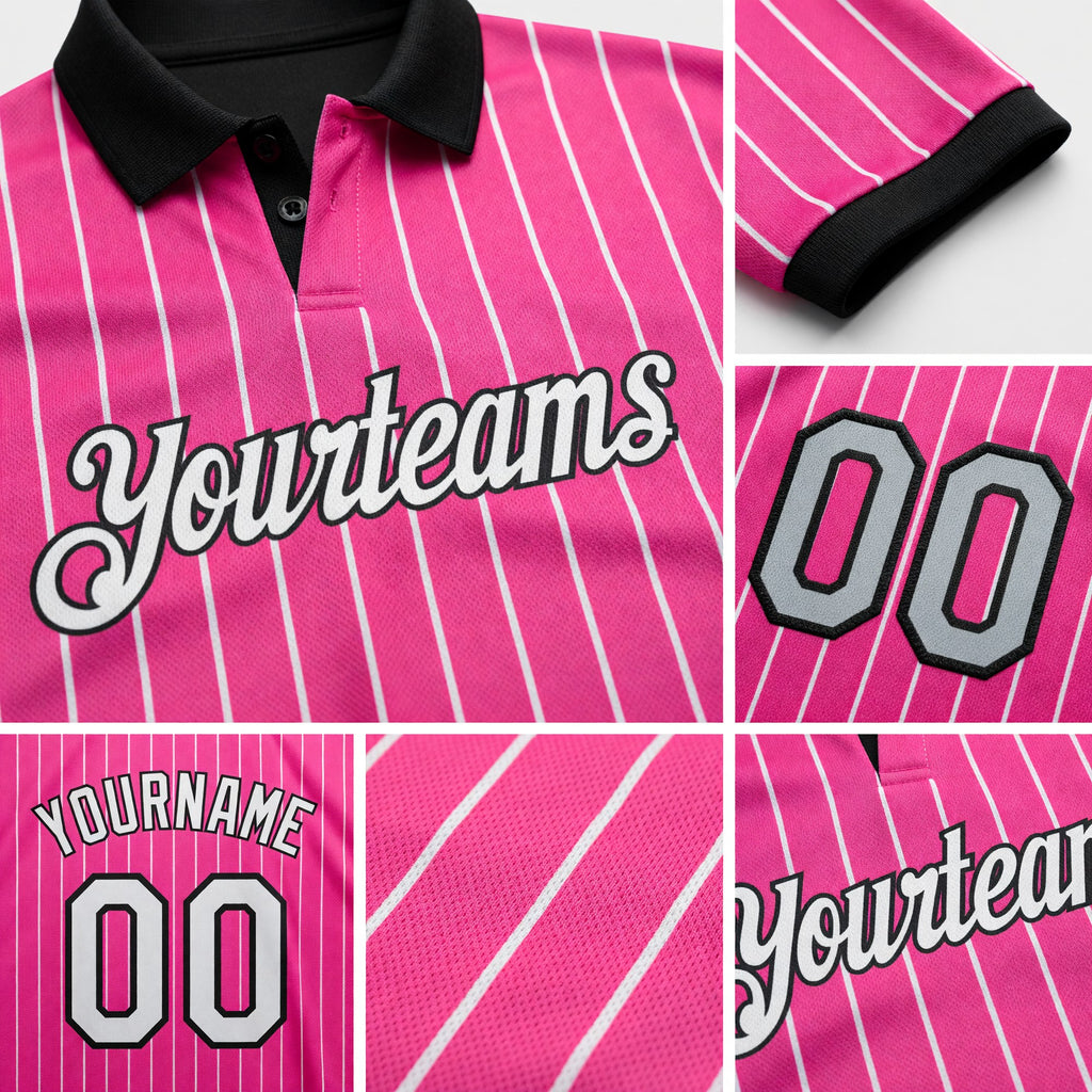 Custom Pink White Pinstripe-Black Performance Polo Shirt detail