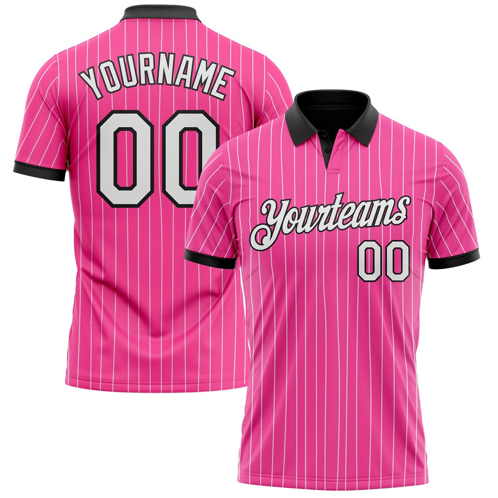 Custom Pink White Pinstripe-Black Performance Polo Shirt photo 1