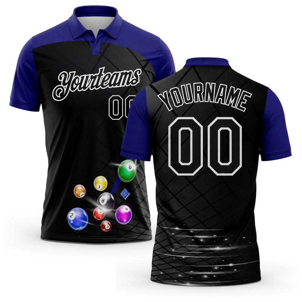 Custom Black Purple-White Billiard Balls Performance Polo Shirt