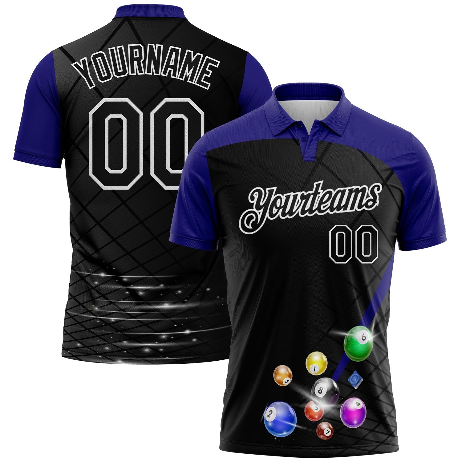 Custom Black Purple-White Billiard Balls Performance Polo Shirt photo 1