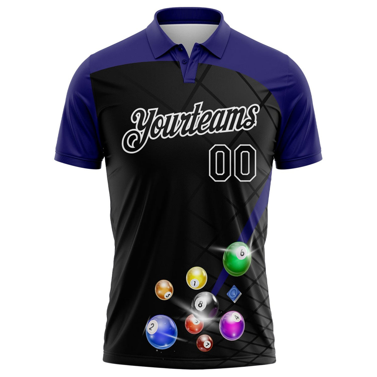 Custom Black Purple-White Billiard Balls Performance Polo Shirt photo 2