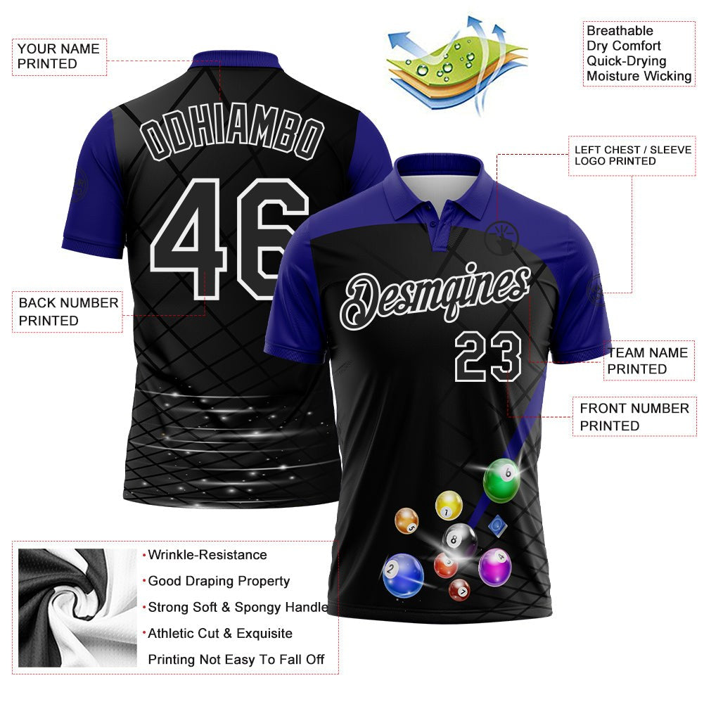 Custom Black Purple-White Billiard Balls Performance Polo Shirt photo 3