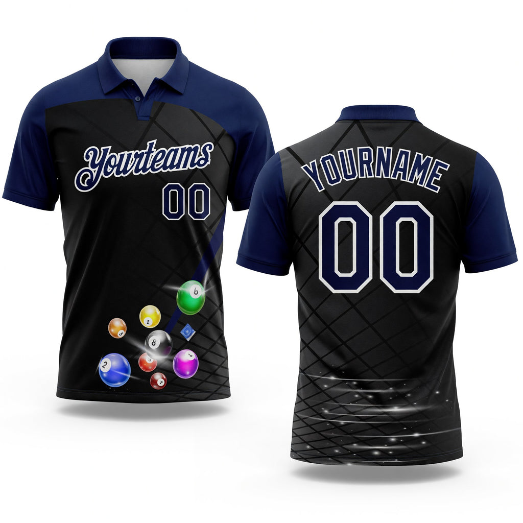 Custom Black Navy-White Billiard Balls Performance Polo Shirt