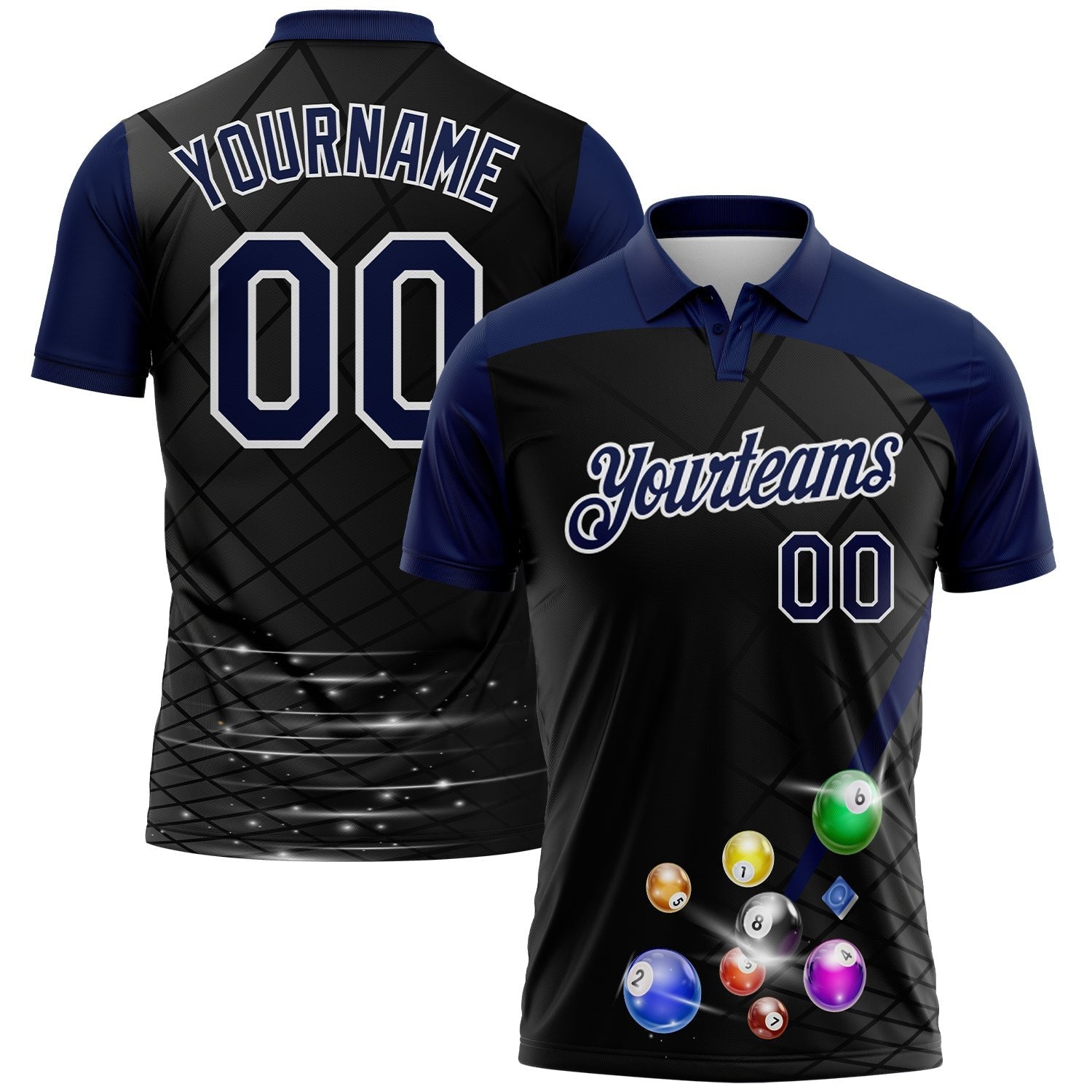 Custom Black Navy-White Billiard Balls Performance Polo Shirt photo 1
