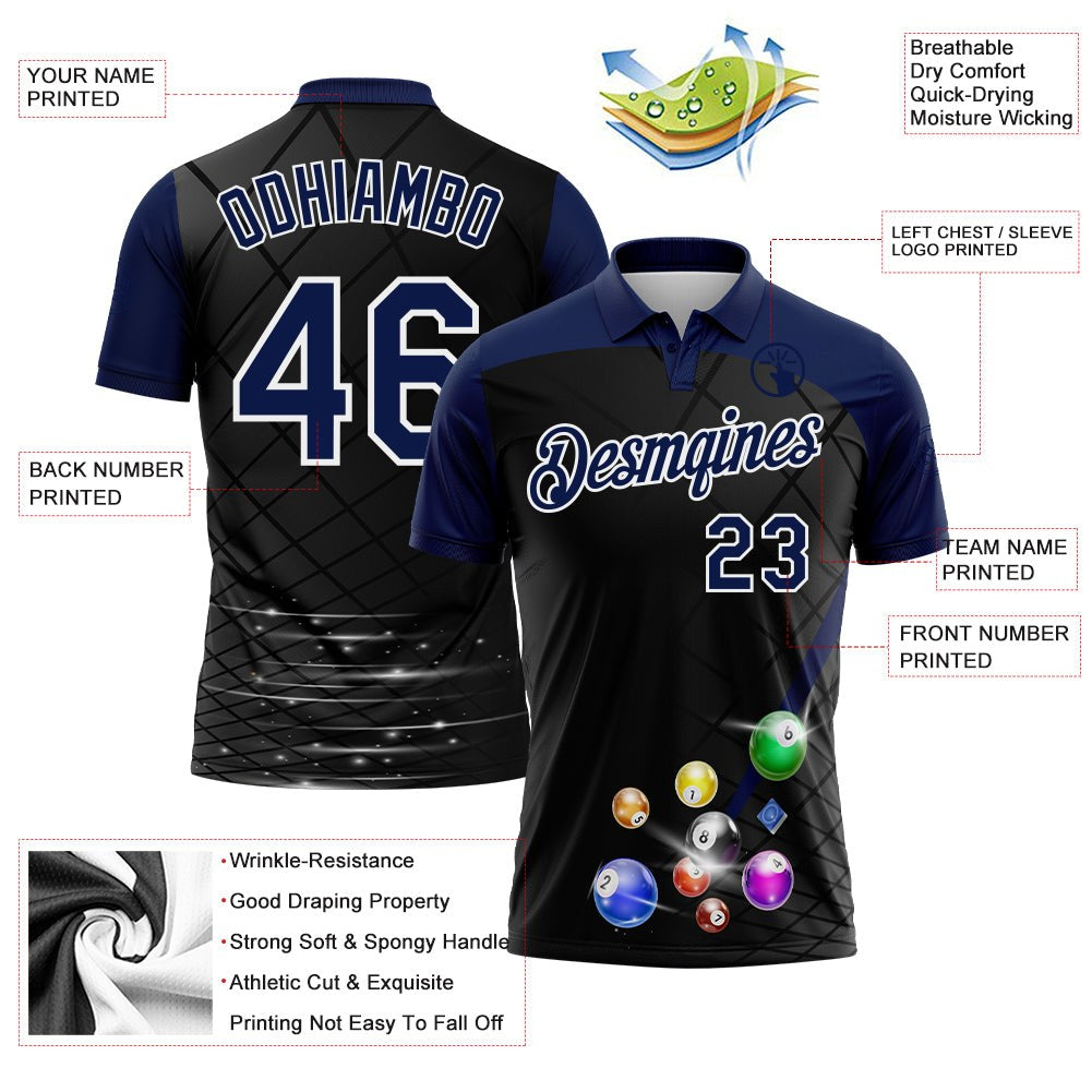 Custom Black Navy-White Billiard Balls Performance Polo Shirt photo 3