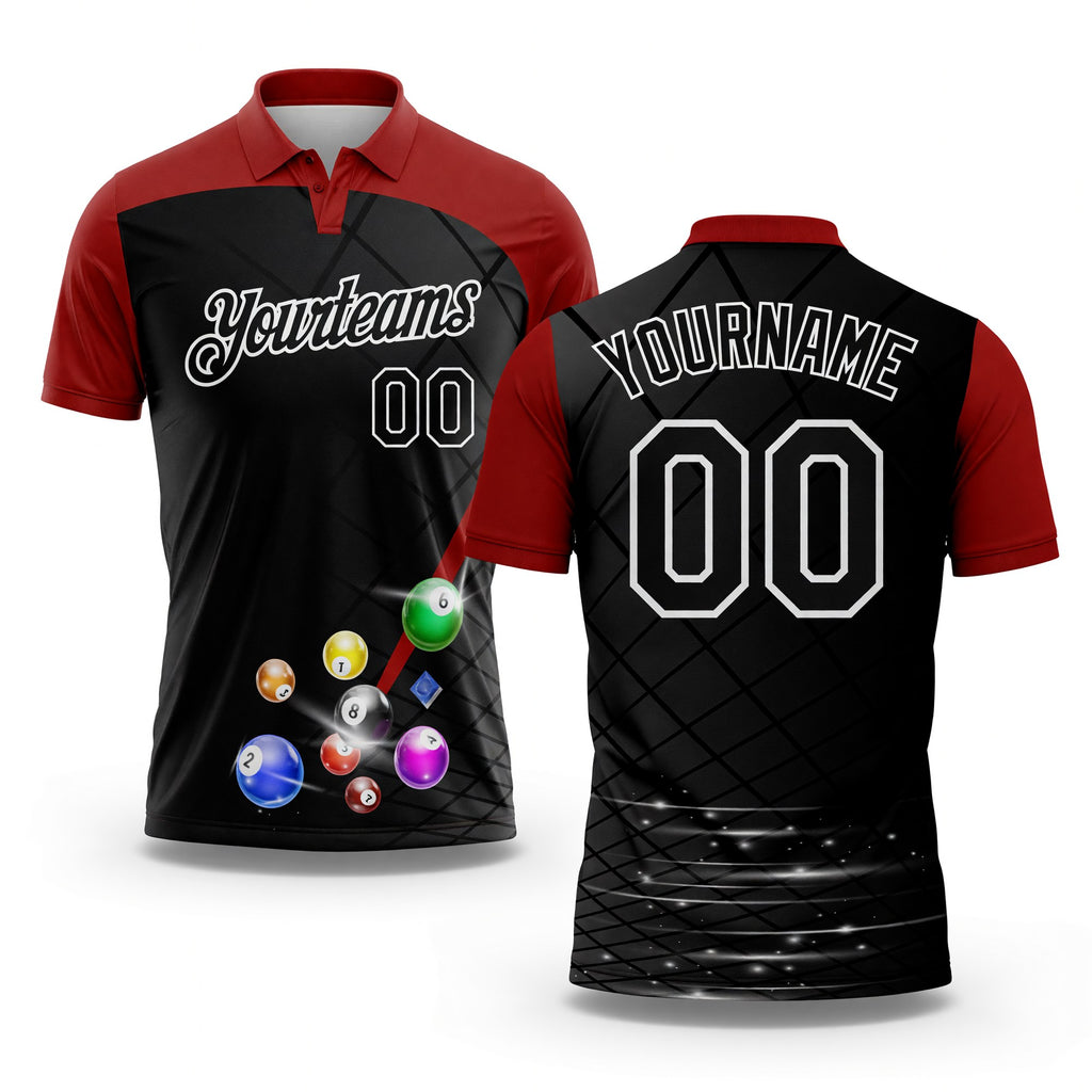 Custom Black Red-White Billiard Balls Performance Polo Shirt