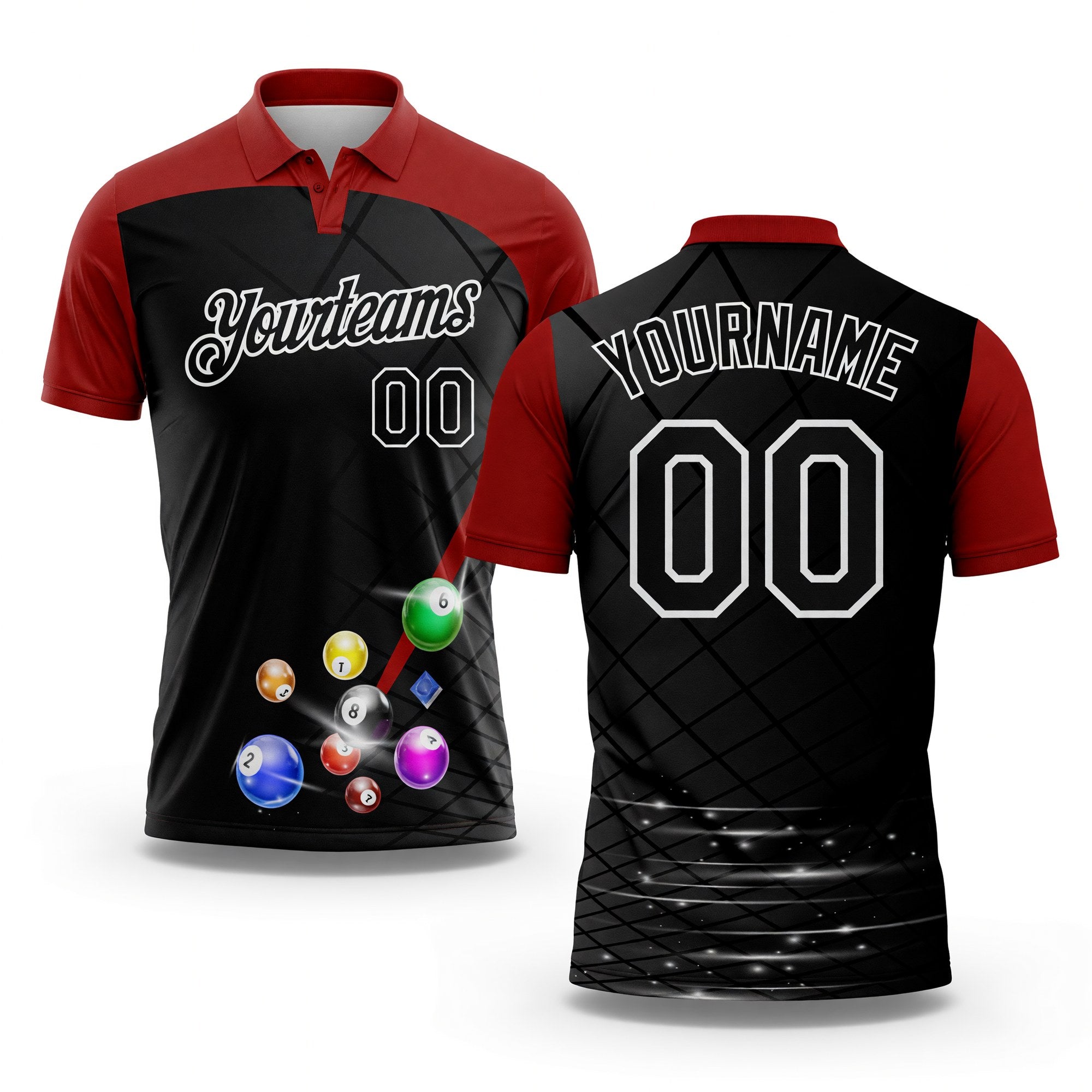 Custom Black Red-White Billiard Balls Performance Polo Shirt