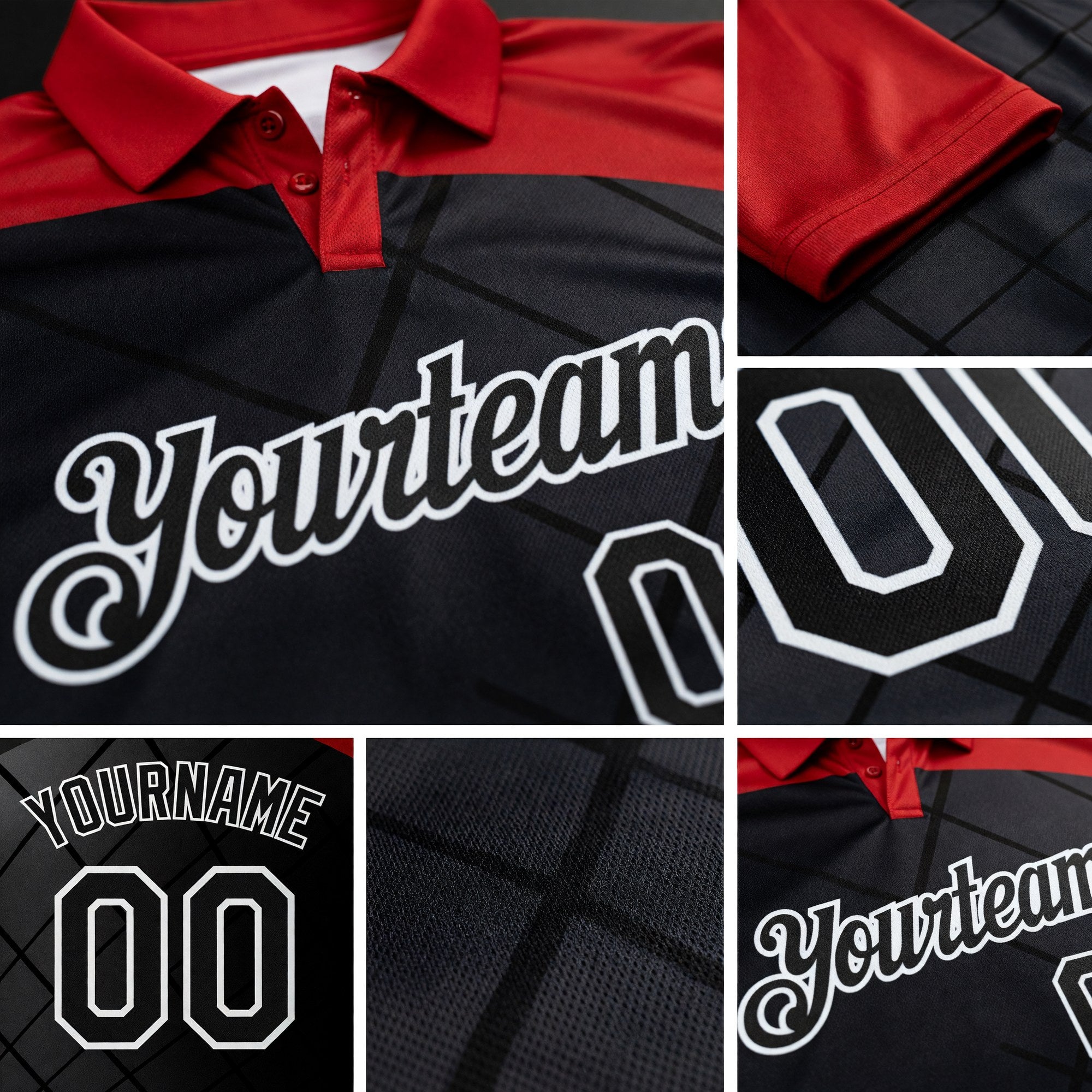 Custom Black Red-White Billiard Balls Performance Polo Shirt detail