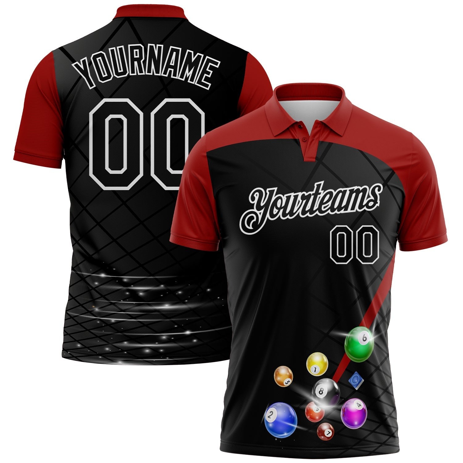 Custom Black Red-White Billiard Balls Performance Polo Shirt photo 1