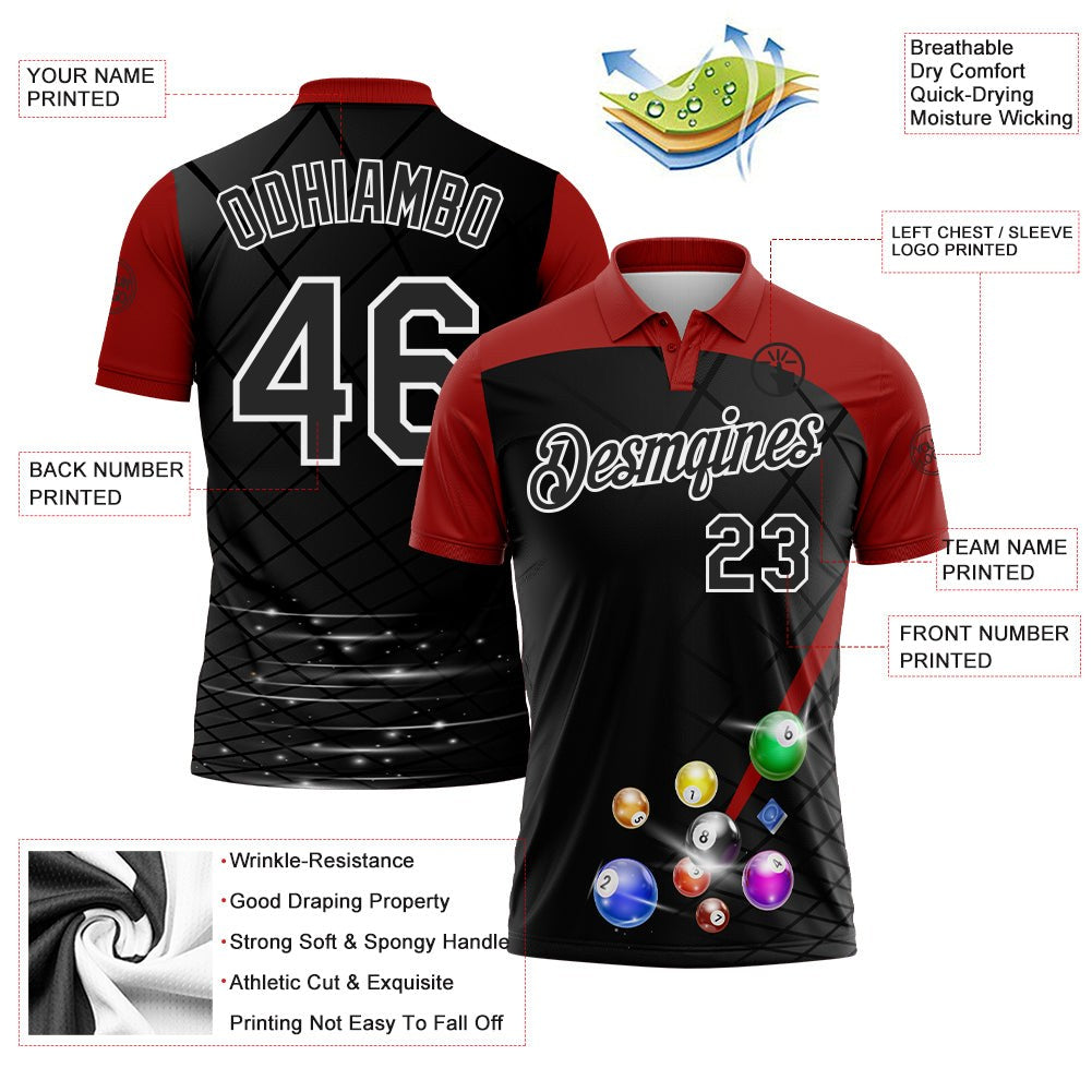 Custom Black Red-White Billiard Balls Performance Polo Shirt photo 3
