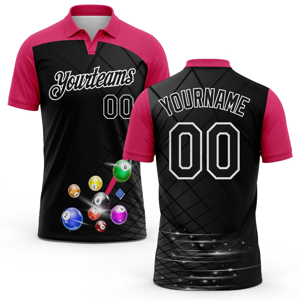 Custom Black Pink-White Billiard Balls Performance Polo Shirt