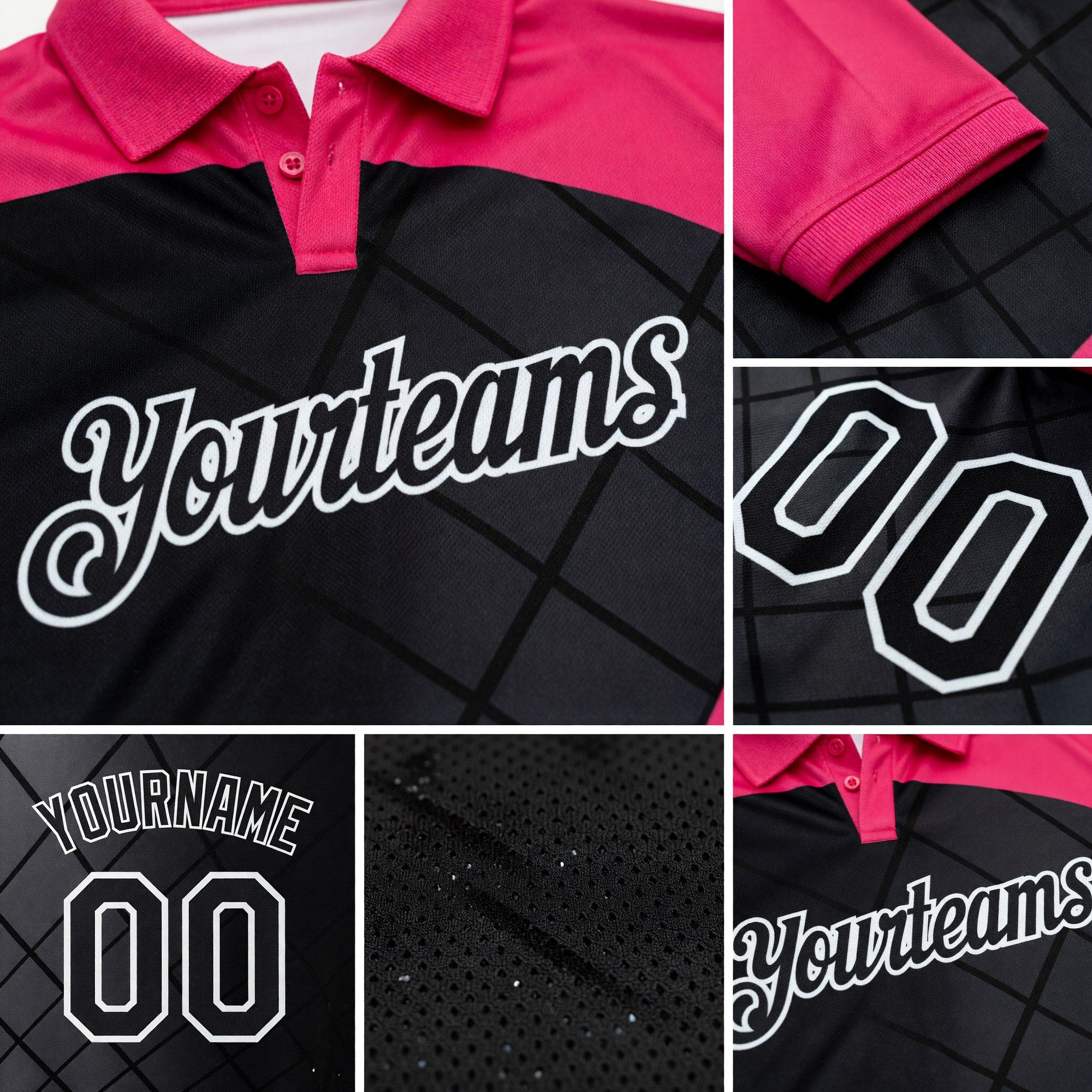 Custom Black Pink-White Billiard Balls Performance Polo Shirt detail