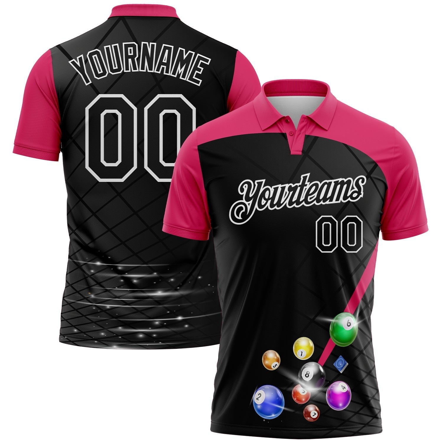 Custom Black Pink-White Billiard Balls Performance Polo Shirt photo 1