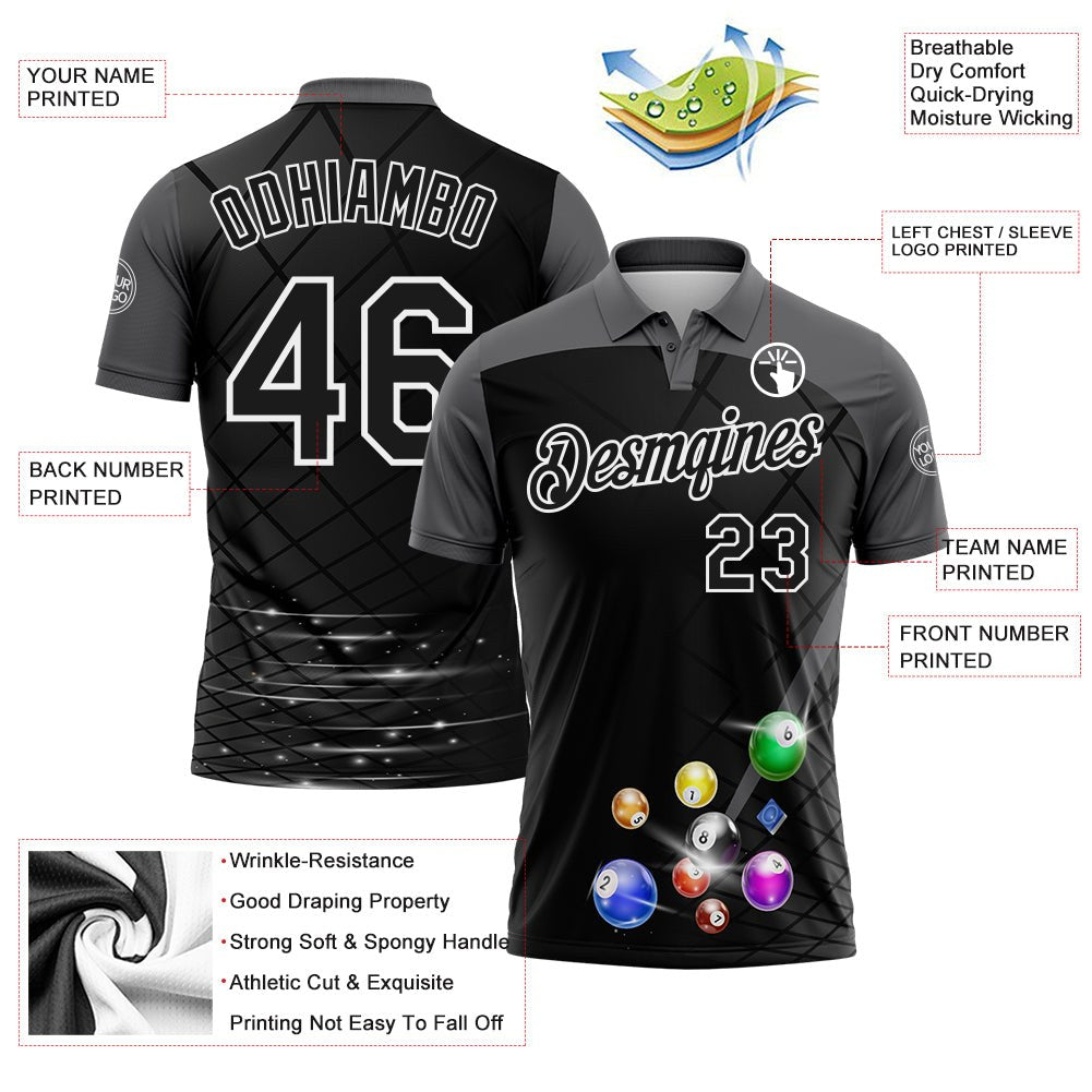 Custom Black Steel Gray-White Billiard Balls Performance Polo Shirt photo 3