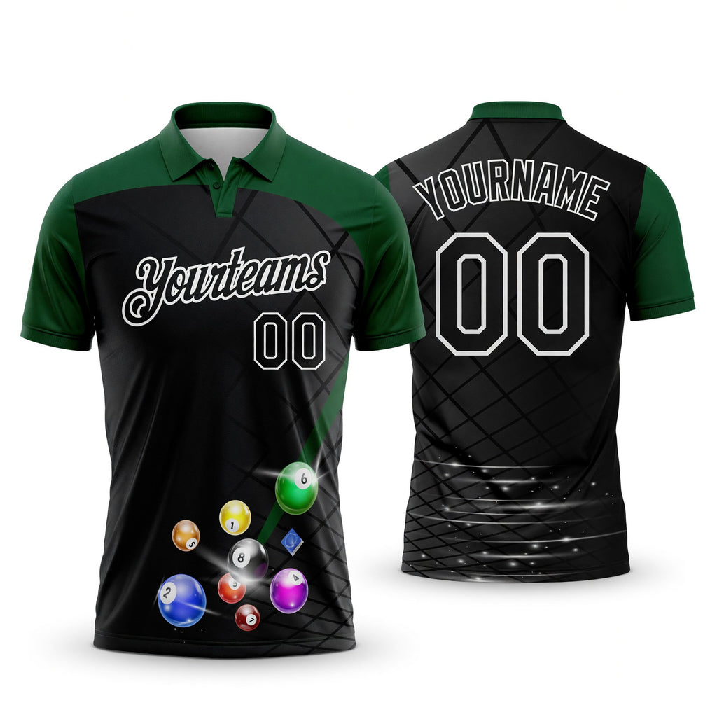 Custom Black Green-White Billiard Balls Performance Polo Shirt