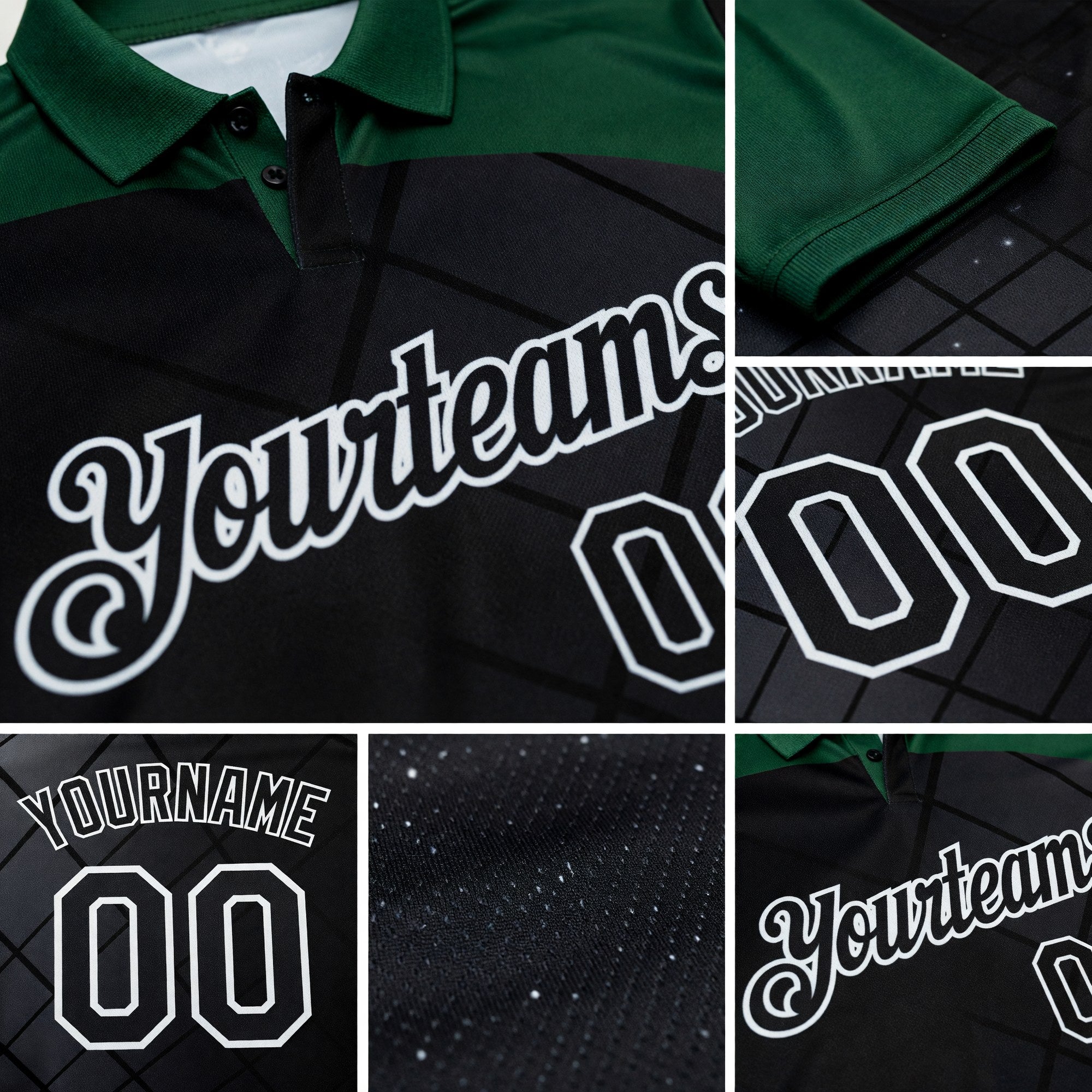 Custom Black Green-White Billiard Balls Performance Polo Shirt detail