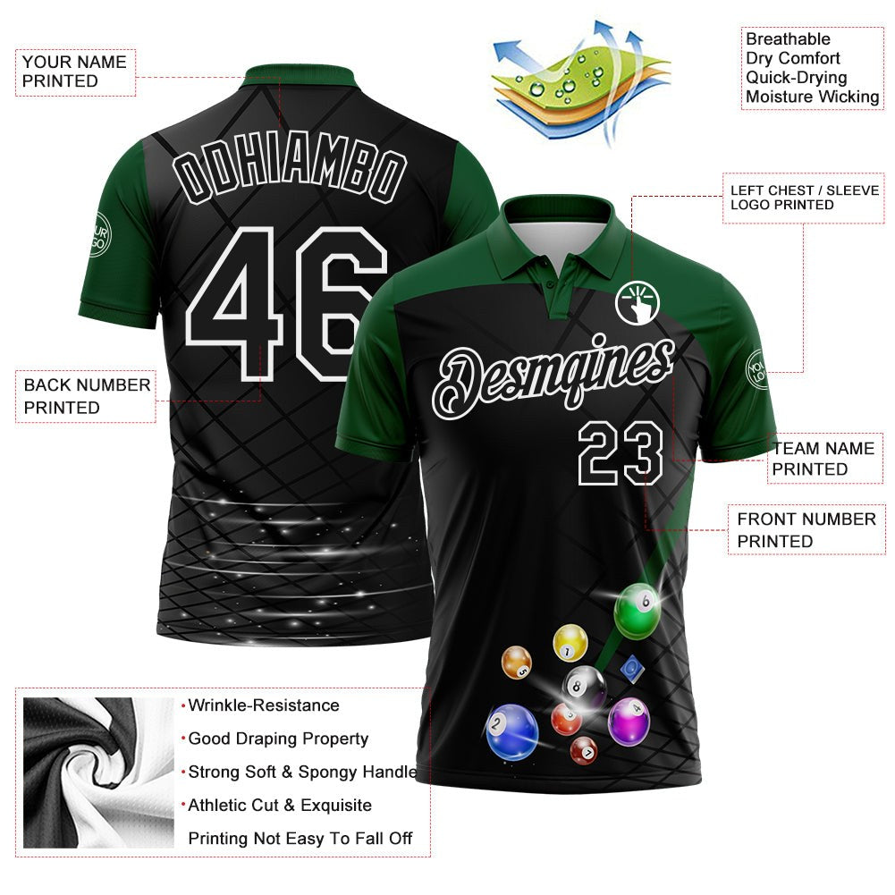 Custom Black Green-White Billiard Balls Performance Polo Shirt photo 3